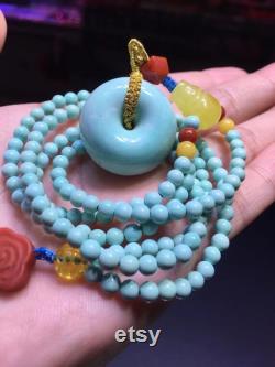 Natural high quality turquoise round cut beads long necklace hand carved lucky jewelry