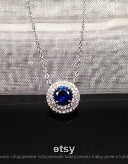 Necklaces For Women, Necklace Charms, Sapphire Necklace, 1.55 Ct Round Cut Diamond Necklace, Engagement Pendant, 14K White Gold, With Chain