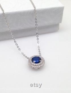 Necklaces For Women, Necklace Charms, Sapphire Necklace, 1.55 Ct Round Cut Diamond Necklace, Engagement Pendant, 14K White Gold, With Chain