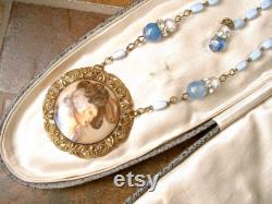 OOAK Vintage Victorian Lady Porcelain Portrait Necklace, Natural Blue Chalcedony, Glass, and Crystal Bead Rhinestone Assemblage Long Flapper