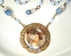OOAK Vintage Victorian Lady Porcelain Portrait Necklace, Natural Blue Chalcedony, Glass, and Crystal Bead Rhinestone Assemblage Long Flapper