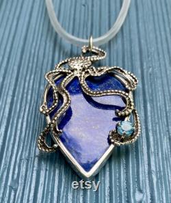 Octopus necklace with lapis lazuli lapis lazuli necklace, octopus necklace. Kraken necklace with blue topaz.