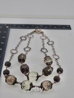 One of a Kind European 800 Silver Necklace with Gigantic Smokey Multifaceted Double Strand Topaz Stones Round Box Closure with Real Pearl
