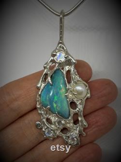 Opal pendent,spectacular Ethiopian welo opal pendant, opal jewellery,rainbow moonstone, white pearl, sterling silver, unique piece.