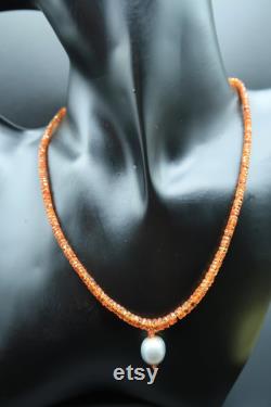 Orange Garnet and Grey Pearl necklace