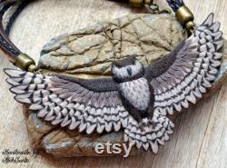 Owl necklace Animal Brown bib necklace Statement jewelry Bird necklace Unique jewelry Unusual necklace Polymer clay jewelry Fairytale Gift
