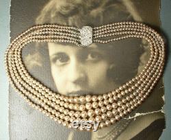 PRiSTiNe 1940s Vintage Art Deco Champagne Ivory Pearl Necklace, Bridal Wedding 5 Multi Strand Glass Pearl Rhinestone Clasp Antique Statement