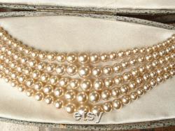 PRiSTiNe 1940s Vintage Art Deco Champagne Ivory Pearl Necklace, Bridal Wedding 5 Multi Strand Glass Pearl Rhinestone Clasp Antique Statement