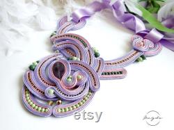 Pale purple soutache necklace, lavender green oversized choker, wide amethyst necklace, offbeat large necklace, candy colors necklace
