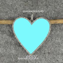 Pave Diamond Light Blue Enamel Heart Pendant, Valentine Gift, Enamel Necklace, Sterling Silver Pendant, Real Diamond Heart Pendant Necklace