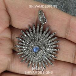 Pave Diamond Pendant, Pave Diamond Necklace, Starburst Necklace, Labradorite Star Pendant Necklace, 925 Oxidized Sterling Silver Necklace