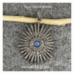 Pave Diamond Pendant, Pave Diamond Necklace, Starburst Necklace, Labradorite Star Pendant Necklace, 925 Oxidized Sterling Silver Necklace