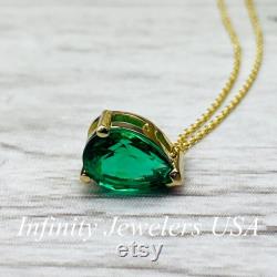 Pear Shape Emerald Solitaire Pendant Necklace For Ladies, 14K Yellow Gold May Birthstone Pendant Gift For Her, Ladies Emerald Necklace 6999