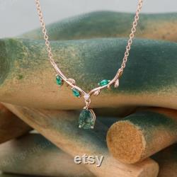 Pear cut Moss agate necklace Rose gold Unique Emerald pendant Leaf Women Necklace Branch Pendant Nature inspired necklace Anniversary gift