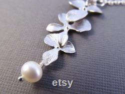 Pearl Bridesmaid Necklace Set of 6, Silver Orchid Flowers with Pearls, Bridal Party Jewelry, Wedding Jewelry, Lariat Style Necklace