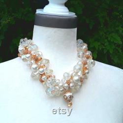Pearl Cluster Bridal Statement Necklace with Gold Pendant Twisted Wire Multi-Strand Wedding Collar Unique Gift for Her