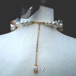 Pearl Cluster Bridal Statement Necklace with Gold Pendant Twisted Wire Multi-Strand Wedding Collar Unique Gift for Her