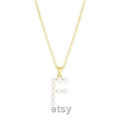 Pearl Initial F Cable Chain Necklace Real 14K Yellow Gold 18