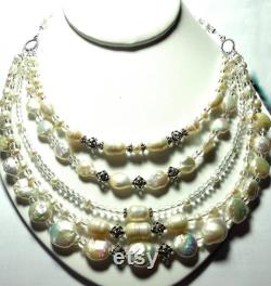 Pearl Necklace With 5 Cascade Strands of Freshwater and Baroque Pearls in a Designer Bib Collar Statement Necklace, w Sterling Toggle