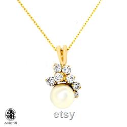 Pearl Pendant, Vintage White Cultured Pearl With Diamonds,Solitaire Pearl pendant with Diamonds, Vintage Yellow Gold Pearl pendant NEC02364