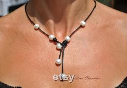 Pearl and Leather Necklace Black Cascada Pearl and Leather Jewelry Leather Necklace Leather and Pearl Necklace Leather Jewelry