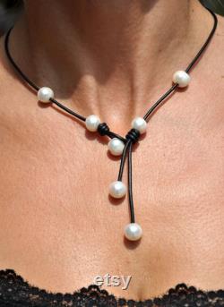 Pearl and Leather Necklace Black Cascada Pearl and Leather Jewelry Leather Necklace Leather and Pearl Necklace Leather Jewelry