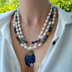 Pearl lapis lazuli malachite citrine bead wedding multistrand necklace Statement chunky gemstone big bold necklace Mom gift Handmade jewelry