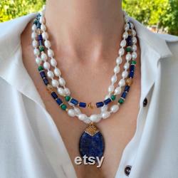 Pearl lapis lazuli malachite citrine bead wedding multistrand necklace Statement chunky gemstone big bold necklace Mom gift Handmade jewelry