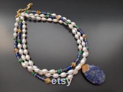 Pearl lapis lazuli malachite citrine bead wedding multistrand necklace Statement chunky gemstone big bold necklace Mom gift Handmade jewelry