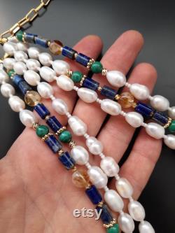 Pearl lapis lazuli malachite citrine bead wedding multistrand necklace Statement chunky gemstone big bold necklace Mom gift Handmade jewelry