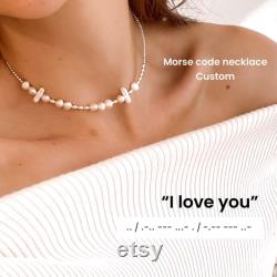 Pearl necklace, 5th anniversary gift, morse code necklace pearl choker, custom beaded necklace, morse code gifts, personalized gift