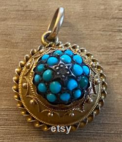 Persian Turquoise Pendant set with Diamond Accent, 15K Gold Victorian 1800s Antique Jewellery