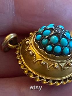 Persian Turquoise Pendant set with Diamond Accent, 15K Gold Victorian 1800s Antique Jewellery