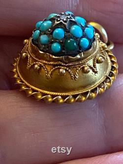 Persian Turquoise Pendant set with Diamond Accent, 15K Gold Victorian 1800s Antique Jewellery