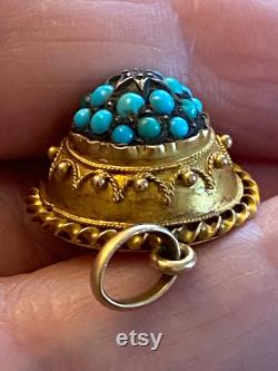 Persian Turquoise Pendant set with Diamond Accent, 15K Gold Victorian 1800s Antique Jewellery