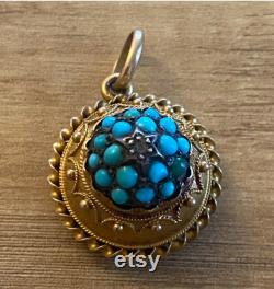 Persian Turquoise Pendant set with Diamond Accent, 15K Gold Victorian 1800s Antique Jewellery