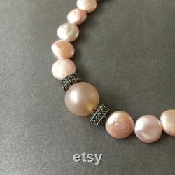 Pink Freshwater Pearl Necklace with Frosted Artisan Glass and Vintage Marcasite Sterling Silver