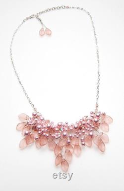 Pink Vintage Style Wedding Necklace for Brides, Dainty Wedding Jewelry, Floral Bib Statement Necklace, Nature Jewelry