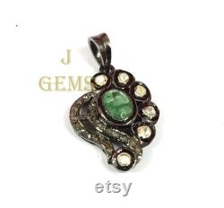 Polki Pendant, Emerald Pendant, Polki Diamond Pendant, 925 Sterling Silver, Emerald Gemstone Pendant, Hand Craft Gift, Gift For Her, On Sale