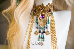 Purple Choker necklace, Gold Choker necklace, Chain Choker necklace, Glamour Choker, Party, Lace necklace, Harness, Photo props, Festival