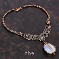 Rainbow Moonstone Necklace Copper Wire Wrapped Necklace Natural Gemstone Jewelry Handmade Elegant Necklace Copper Wire Jewelry Gift For Her