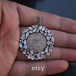Rainbow Moonstone Pave Diamond Round Silver Pendant Necklace Jewelry PEMJ-1002