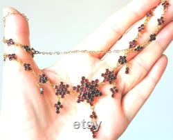 Rare Antique Austrian Garnet Gilded Silver Necklace with Bohemian Garnets from 1900-1930's.