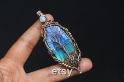 Rare Of Rare Very Collection Tree Pendant, AAA Blue Fire Labradorite Tree Of Life Pendant, Pretty Handmade Copper Pendant Jewelry