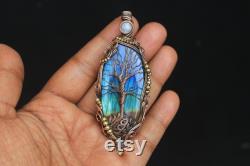 Rare Of Rare Very Collection Tree Pendant, AAA Blue Fire Labradorite Tree Of Life Pendant, Pretty Handmade Copper Pendant Jewelry