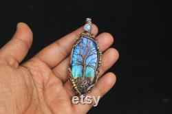 Rare Of Rare Very Collection Tree Pendant, AAA Blue Fire Labradorite Tree Of Life Pendant, Pretty Handmade Copper Pendant Jewelry