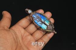 Rare Of Rare Very Collection Tree Pendant, AAA Blue Fire Labradorite Tree Of Life Pendant, Pretty Handmade Copper Pendant Jewelry