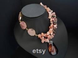 Raw moonstone rhodonite necklace Chunky statement beaded necklace Unusual big bold necklace Large bib necklace Modern pendant necklace Gift