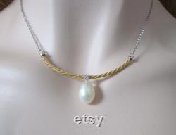 Real Natural Big Teardrop Pearl 925 Sterling Silver Gold Curve Bar Necklace
