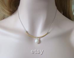 Real Natural Big Teardrop Pearl 925 Sterling Silver Gold Curve Bar Necklace